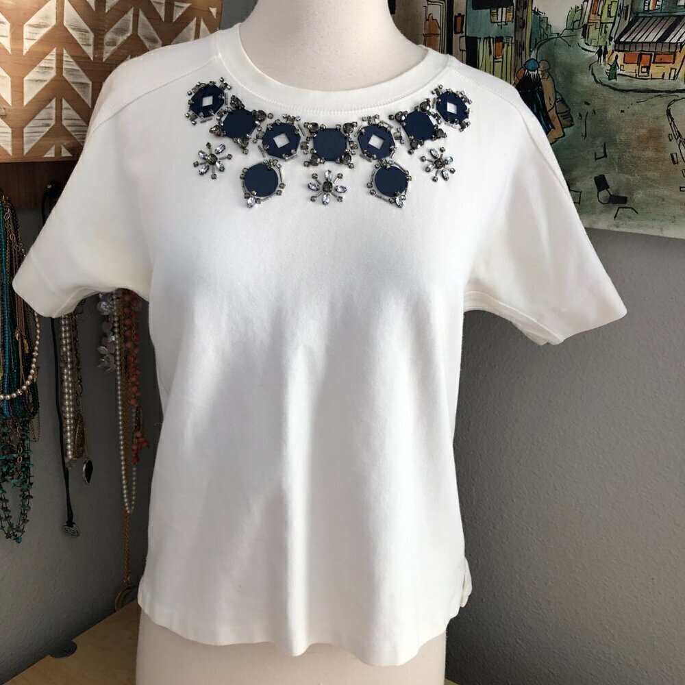 J. Crew Top Women's size XS White Gray Black Jeweled Neck Short Sleeve Crew
